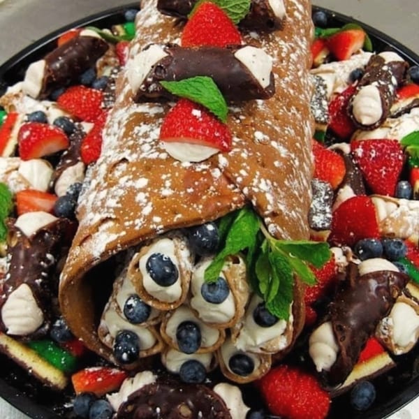 A large cannoli cake surrounded by mini cannolis, strawberries, blueberries, and mint leaves.