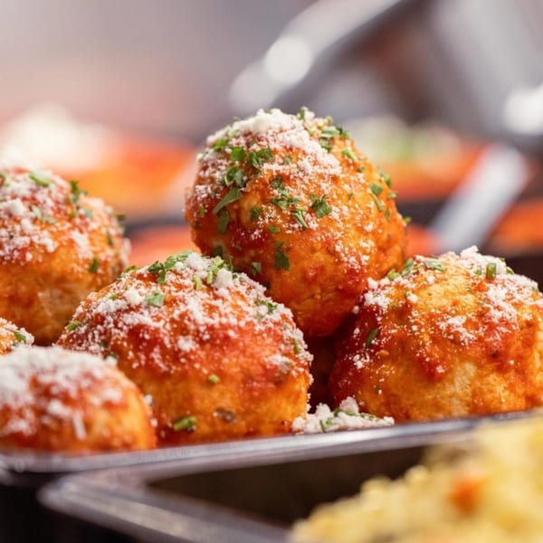 Close-up of Italian meatballs with red sauce, parmesan cheese, and parsley in a serving tray.